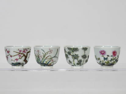 A Set of Fine Enamel Flower Pattern with poem Cup: A Set of Fine Enamel Flower Pattern with poem Cup Qing Dynasty, China Kangxi Six-character Mark Size:1.7inx1.4in&#29648;&#29701;&#24425;&#26757;&#20848;&#31481;&#33738;&#19968;&#21475;&#26479;&#19968;
