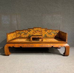 A Exquisite Huanghuali Wood Dragon Pattern Seawater Pattern with poem Bed: A Exquisite Huanghuali Wood Dragon Pattern Seawater Pattern with poem Bed Qing Dynasty, China Qianlong Six-character Mark Size:78.7inx39.4in&#40644;&#33457;&#26792;&#32599;&#27721;&#24202;&#20004;&#20