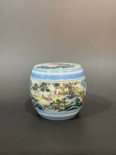 An Exquisite Famille-Rose Landscape and Figure Pattern with poem Jar: An Exquisite Famille-Rose Landscape and Figure Pattern with poem Jar Qing Dynasty, China Qianlong Six-character Mark Size:4.1inx3.7in&#32736;&#24425;&#22270;&#26696;&#36793;&#36132;&#20154;&#38597;&#2
