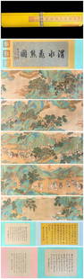 A Chinese Hand Scroll Ink Painting of Landscape and Figure on Silk: A Chinese Hand Scroll Ink Painting of Landscape and Figure on Silk Qiu ying Size:269.7inx14.8in&#20167;&#33521;&#25721;&#28205;&#27700;&#39134;&#29066;&#22270; &#32482;&#26412;&#25163;&#21367;Size:685
