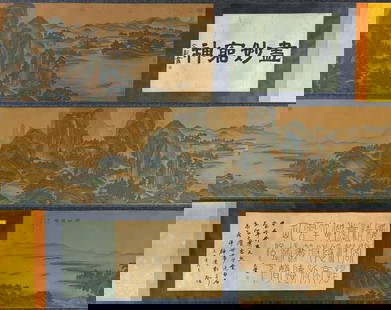 A Chinese Hand Scroll Ink Painting of Landscape on Silk: A Chinese Hand Scroll Ink Painting of Landscape on Silk Zhao bo ju Size:241.7inx22.6in without frame size:116.5inx22.6in&#36213;&#20271;&#39545;&#23665;&#27700;&#22270; &#32482;&#26412;&#25163;&#21367
