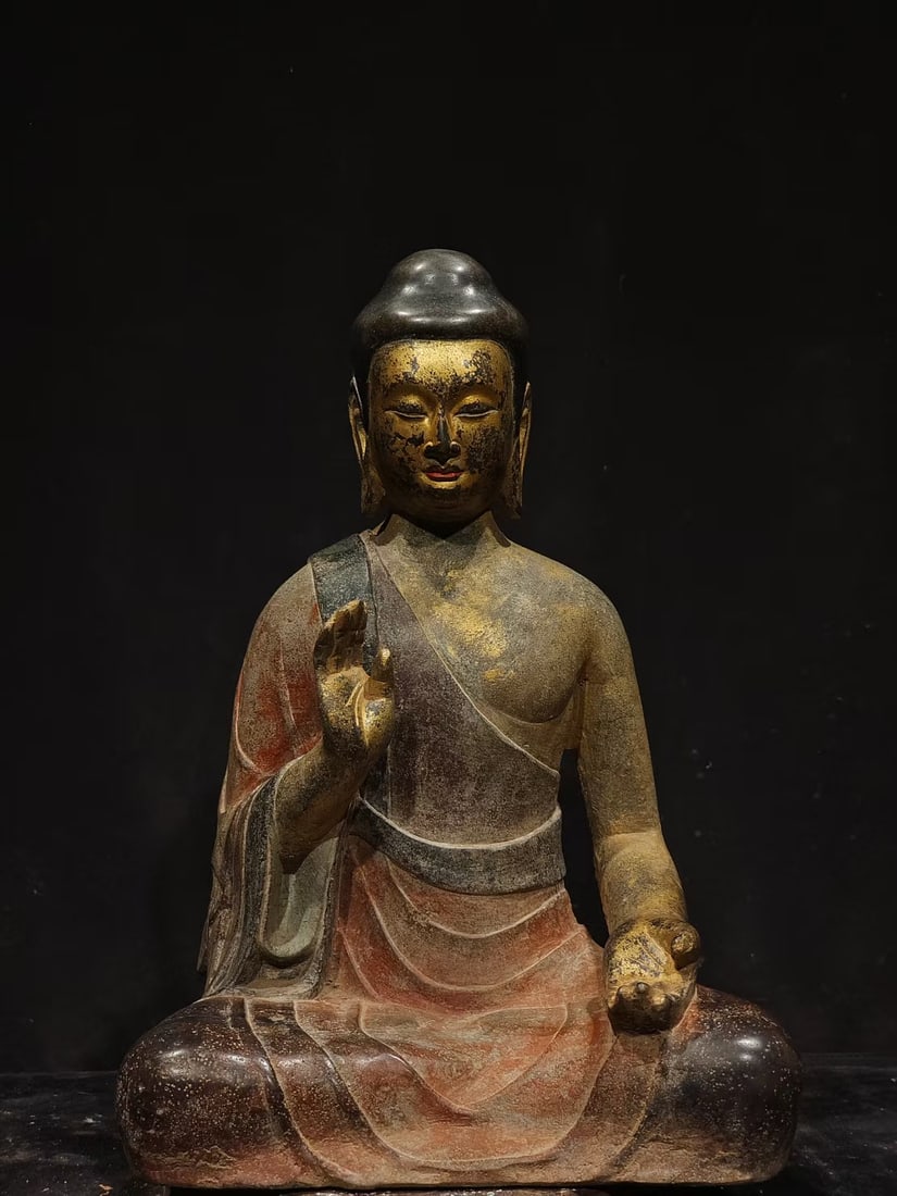 An Exquisite Limestone Painted Color Buddha Statue (1 of 4)