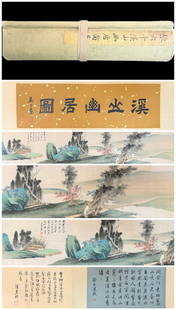 A Chinese Hand Scroll Ink Painting of Landscape and Figure on Silk: A Chinese Hand Scroll Ink Painting of Landscape and Figure on Silk Zhang da qian Size:114.2inx9.4in&#24352;&#22823;&#21315;&#28330;&#23665;&#24189;&#23621;&#22270; &#32482;&#26412;&#25163;&#21367;Size