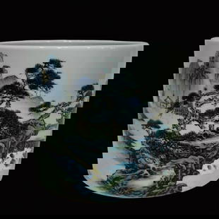 An Exquisite Famille-Rose Landscape Pattern Brush Pot: An Exquisite Famille-Rose Landscape Pattern Brush Pot,Qing Dynasty, China,Qianlong Six-character Mark,Size:6.4inx7.5in &#31881;&#24425;&#23665;&#27700;&#32441;&#31508;&#31570;,&#20013;&#22269;&#28165;