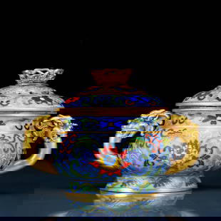 An exquisite cloisonné tangled lotus pattern double-eared censer with lid: An exquisite cloisonn&#233; double-eared censer with a lotus pattern and a cover. The application of filigree technology makes the decoration of this collection more detailed and three-dimensional. Th