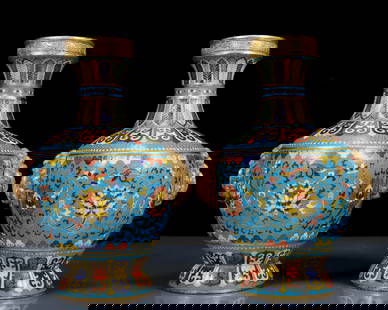 A Pair of Exquisite Cloisonne Lotus Pattern Beast-Ears Vases: A Pair of Exquisite Cloisonne Lotus Pattern Beast-Ears Vases,Qing Dynasty, China,Qianlong Four-character Mark,Size:5.9inx8.7in&#65307;Total Weight:2220g &#19968;&#23545;&#26223;&#27888;&#34013;&#32544