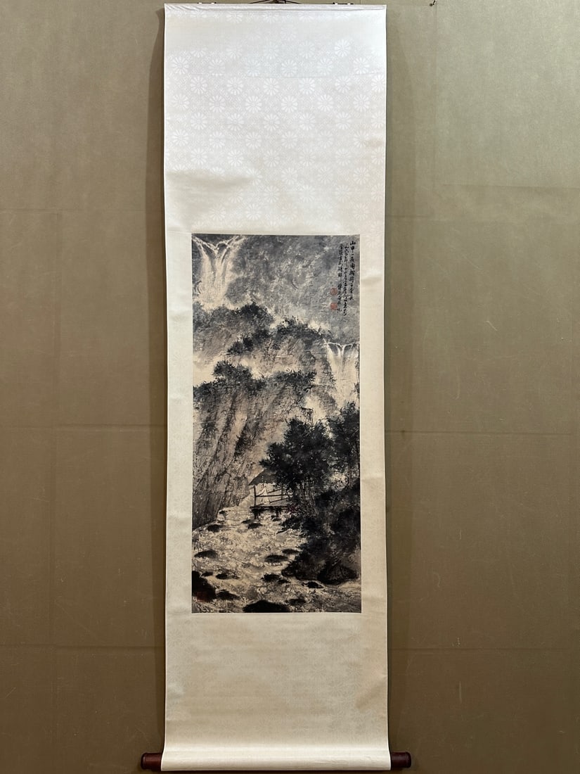 A Chinese Vertical Scroll Ink Painting of Landscape and Figure on Paper,Fu Baoshi: Estimated Value: 3500-7000. A Chinese Vertical Scroll Ink Painting of Landscape and Figure on Paper,Fu Baoshi,Without frame Size:15.7inx35in 一幅中国水墨山