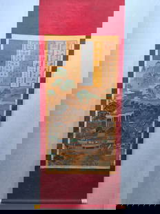 A Chinese Vertical Scroll Ink Painting of Landscape  on Silk: A Chinese Vertical Scroll Ink Painting of Landscape on Silk Wang xi zhi size:26.6inx52in&#29579;&#32690;&#20043;&#29756;&#27004;&#29577;&#23431;&#22270; &#32482;&#26412;&#31435;&#36724;size:67.5cmx132