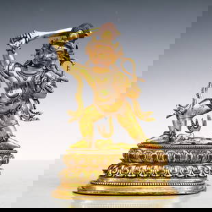 A Exquisite Gilt Bronze Statue of Vajra: A Exquisite Gilt Bronze Statue of Vajra Qing Dynasty, China Size:5.9inx3.5inx8.7in Weight:1700g铜鎏金金刚 中国清代 Size:15cmx9cmx22cm Weight:1700g