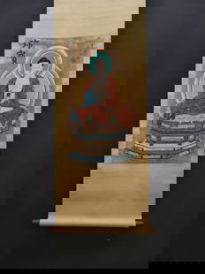 A Chinese Vertical Scroll Ink Painting of Buddha Statue on Silk: A Chinese Vertical Scroll Ink Painting of Buddha Statue on Silk Wu dao zi without frame size:31.1inx18.9in吴道子佛祖造像