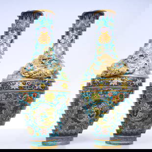 A Exquisite A pair of Cloisonne Lotus Pattern Dragon Pattern Bats and Peach Pattern Vase: A Exquisite A pair of Cloisonne Lotus Pattern Dragon Pattern Bats and Peach Pattern Vase Qing Dynasty, China Qianlong Four-character Mark Size:4.7inx11.8in Weight:2350g&#19968;&#23545;&#26223;&#27888;