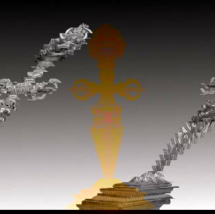 An exquisite gilt copper Vajra of Majesty: An exquisite gilt bronze Mahamighty Vajra pestle Ming Dynasty, China. The majestic image of this gilt bronze Mahamighty Vajra statue is a breathtaking art treasure that demonstrates the superb skills