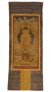 An exquisite brocade Buddha statue thangka: An exquisite brocade Buddha statue thangka, Qing Dynasty, China. Making an exquisite brocade work requires multiple complex processes, including design, weaving, sizing, cutting, etc. Craftsmen need e