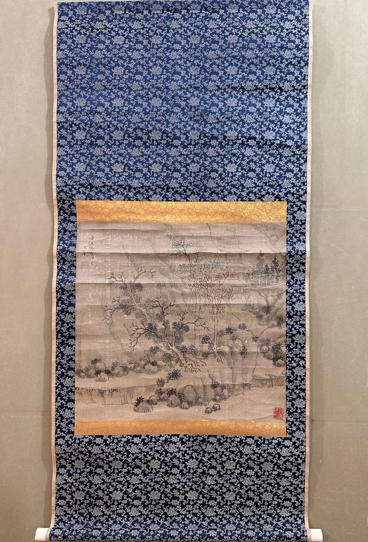 A Chinese Vertical Scroll Ink Painting of Landscape on Paper,Wang Hui: A Chinese Vertical Scroll Ink Painting of Landscape on Paper,Wang Hui,Size:18.5inx19.7in 一幅中国水墨山水画立轴,王翬Size:4