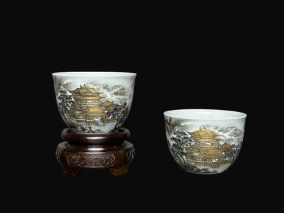 A Pair of Rare Ink Color Gilt Inscribed Poems Landscape Pavilion Pattern Cups: A Pair of Rare Ink Color Gilt Inscribed Poems Landscape Pavilion Pattern Cups,Qing Dynasty, China,Qianlong Six-character Mark,Size:2.3inx1.7in &#19968;&#23545;&#22696;&#24425;&#25551;&#37329;&#39064;&
