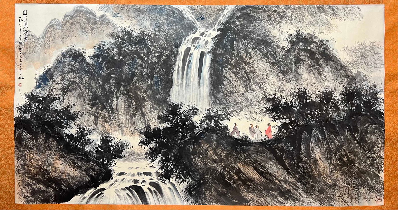 A Chinese ink wash paper scroll landscape hand scroll: A Chinese ink wash paper scroll landscape hand scroll,Fu Baoshi,without frame size:97*70.9in 一幅中国水墨纸本山水画手卷,&#