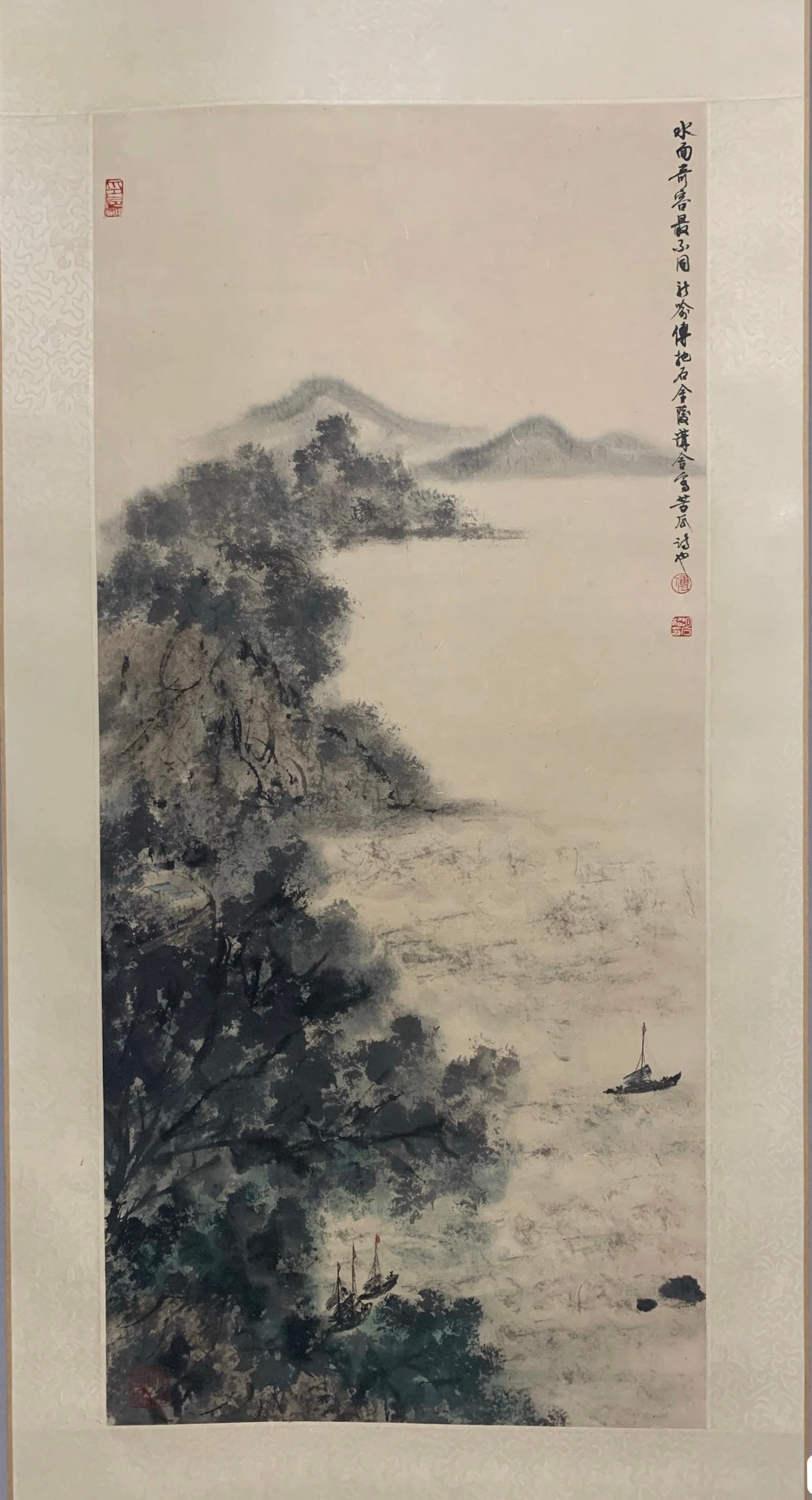 A Chinese Vertical Scroll Ink Painting of Landscape on Paper,With poem: A Chinese Vertical Scroll Ink Painting of Landscape on Paper,With poem,Modern Time of China,Fu Baoshi Mark,Without frame Size:19.3inx39.4in 纸本山水纹立轴