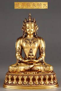 A Rare Red copper body gilt Longevity Buddha sitting statue: A Rare Red copper body gilt Longevity Buddha sitting statue,Ming Dynasty, China,Yongle Six-character Mark,Size:9.4inx6.8in,Weight:4.5kg &#32043;&#38108;&#32974;&#37775;&#37329;&#26080;&#37327;&#23551;