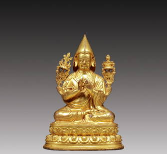 A Solemn Gilt Bronze Statue of Guru: Estimated Value:3000-6000. A Solemn Gilt Bronze Statue of Guru,Ming Dynasty, China,Size:2.8inx2inx3.9in,Weight:290g &#38108;&#37775;&#37329;&#19978;&#24072;&#20687;&#65292;&#26126;&#20195;