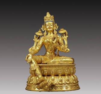 A Solemn Gilt Bronze Statue of Tara: Estimated Value:6000-12000. A Solemn Gilt Bronze Statue of Tara,Ming Dynasty, China,Size:5.5inx4.7inx8.3in,Weight:2000g &#38108;&#37775;&#37329;&#24230;&#27597;&#20687;&#65292;&#26126;&#20195;