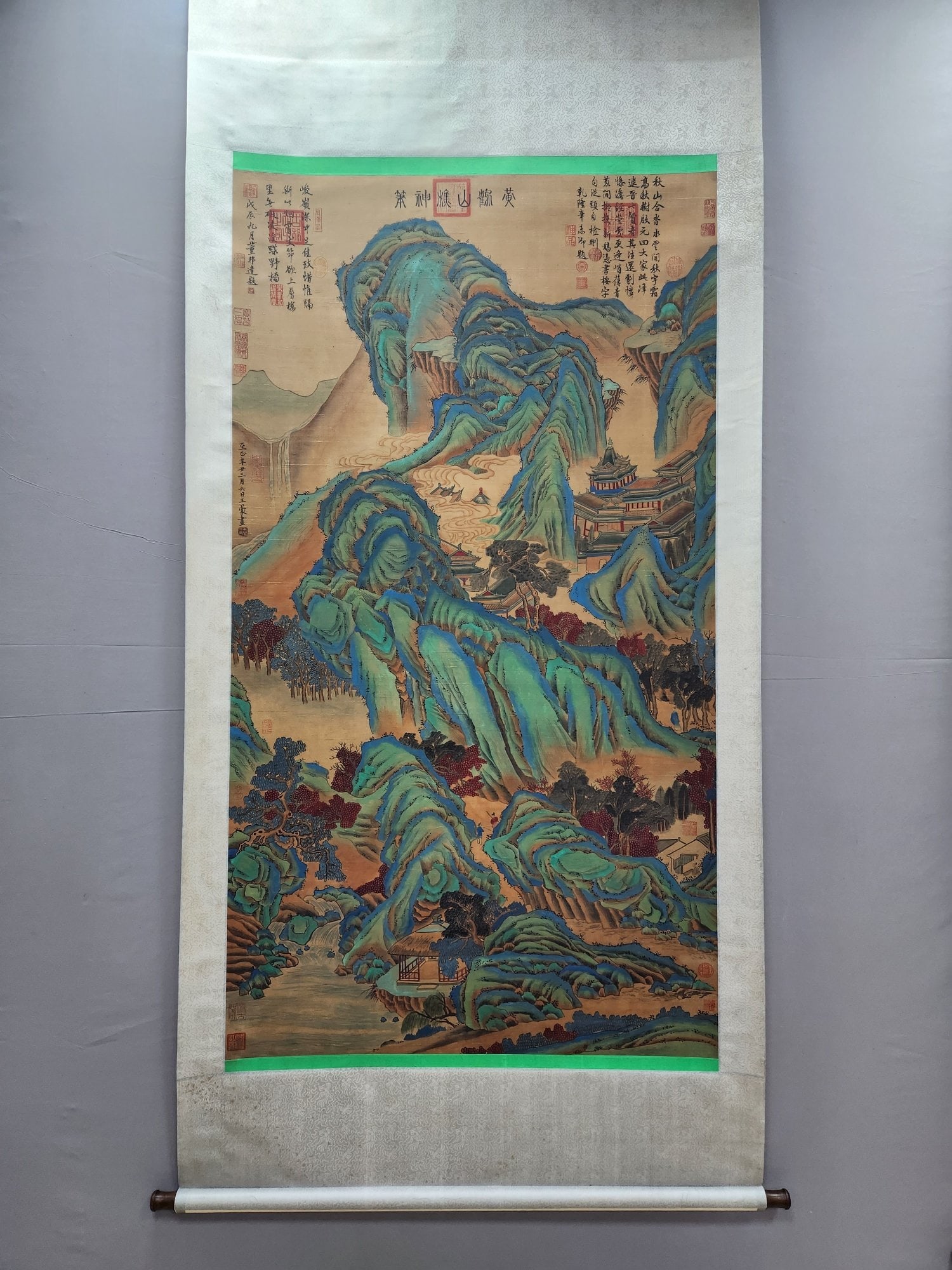 A Chinese Vertical Scroll Ink Painting of Landscape on Silk?: A Chinese Vertical Scroll Ink Painting of Landscape on Silk​,Yuan Dynasty, China,Wang Meng​,Without frame Size:68.9inx38.2in 一幅中国水墨品绢