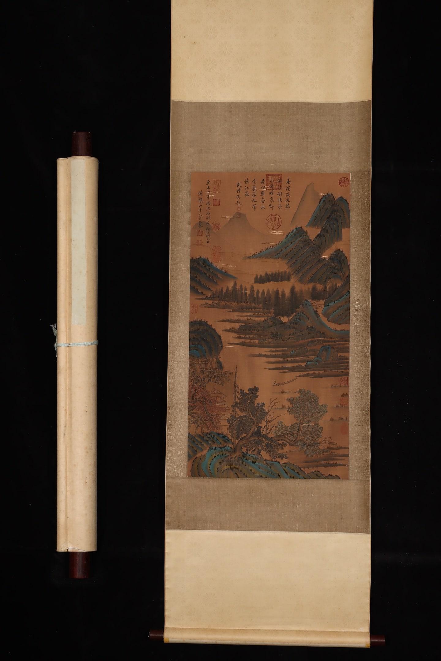 A Chinese Vertical Scroll Ink Painting of Landscape on Silk: A Chinese Vertical Scroll Ink Painting of Landscape on Silk,Wang Meng,Size:33.1inx17.3in 一幅中国水墨绢本山水画立轴,஍