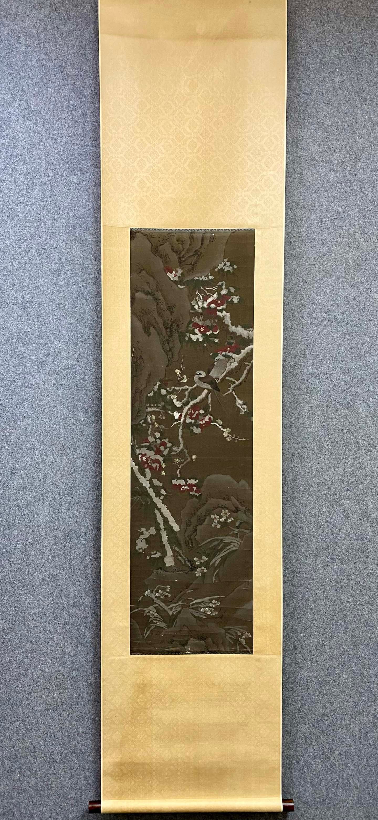 A Chinese Vertical Scroll Ink Painting of Flower and Bird on Silk (1 of 9)
