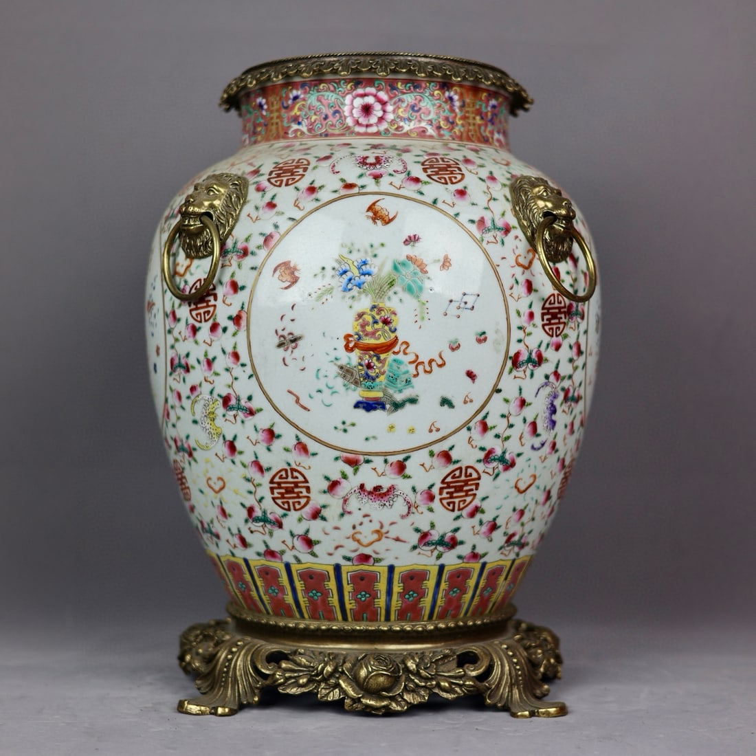 A Huge Famille-Rose Inlaid Bronze Bats and Peach Pattern Lion-Ears Jar: A Huge Famille-Rose Inlaid Bronze Bats and Peach Pattern Lion-Ears Jar,Qing Dynasty, China,Jiaqing Six-character Mark,Size:15.7inx8.1inx10.6inx9.4in 粉彩镶铜福寿