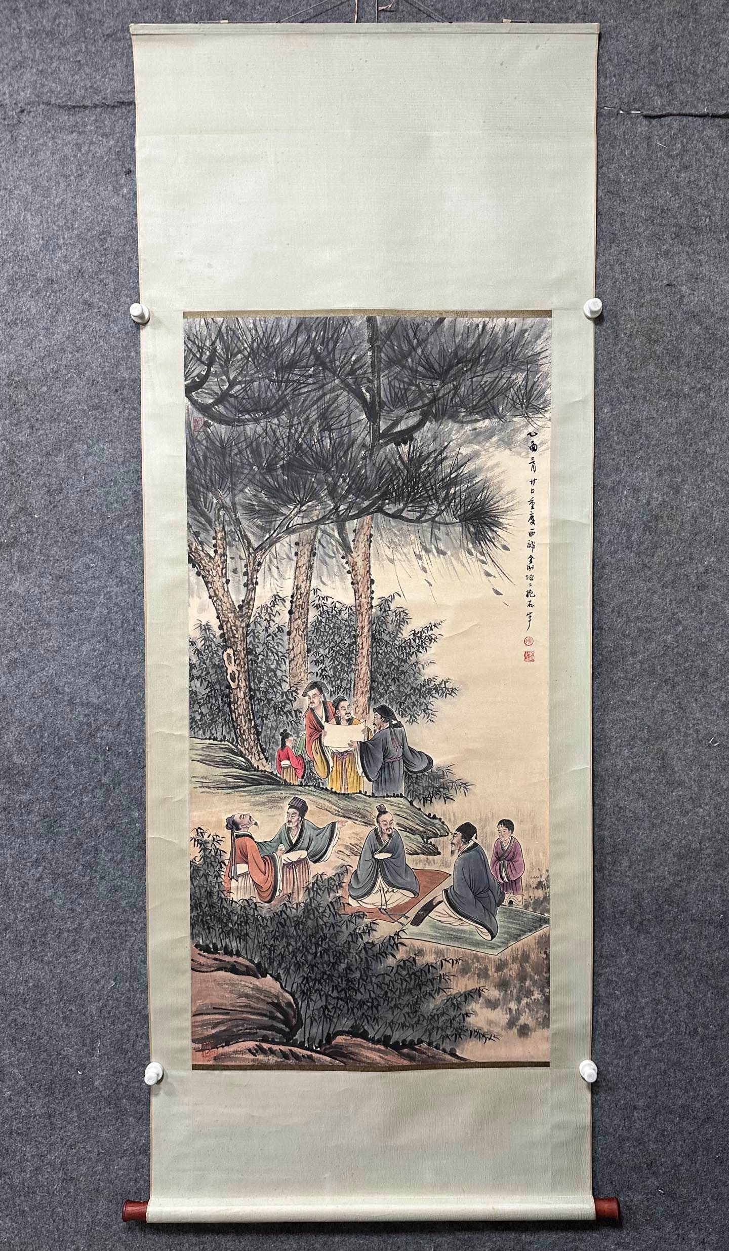 A Chinese Vertical Scroll Ink Painting of Character and Story on Paper,Fu Baoshi: A Chinese Vertical Scroll Ink Painting of Character and Story on Paper,Fu Baoshi,Without frame Size:26.6inx54.3in 一幅中国水墨人物故事ஹ