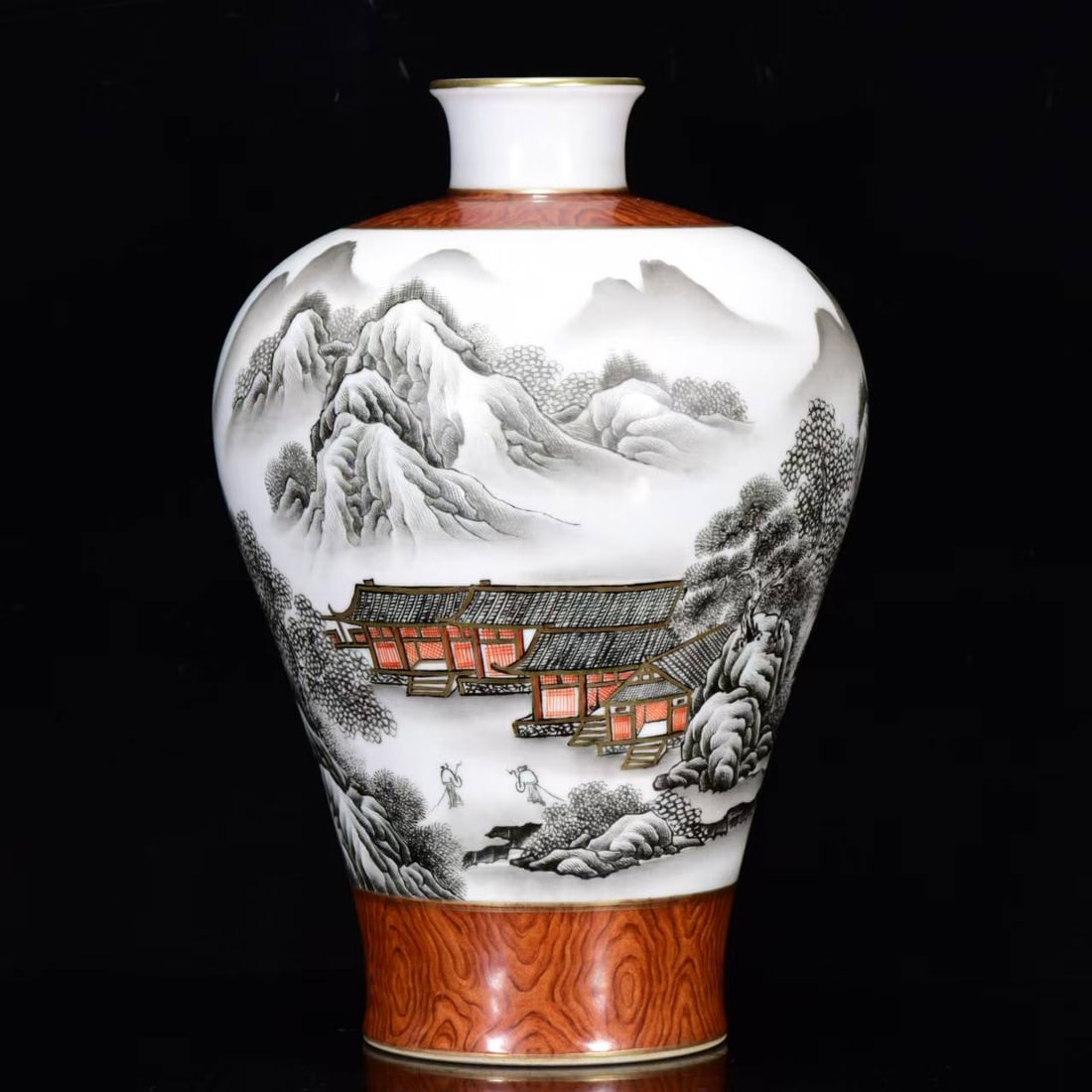 A Rare Imitation Wood Grain Glazed Ink Color Painted Gold Landscape and Figure Pattern Vase (1 of 9)