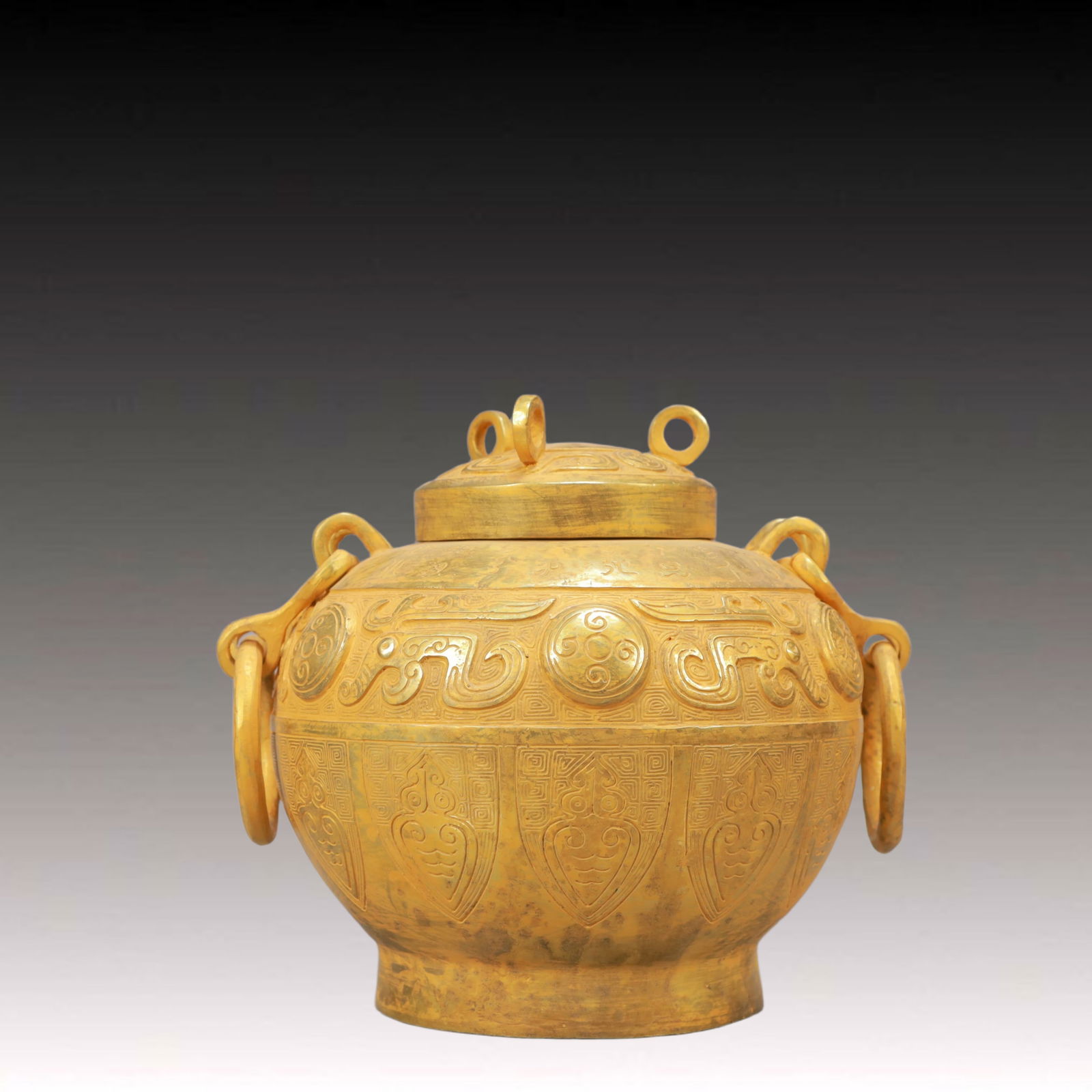 A Rare Gilt Bronze Beast-Face Pattern Double-Ears Jar,With Inscription (1 of 9)