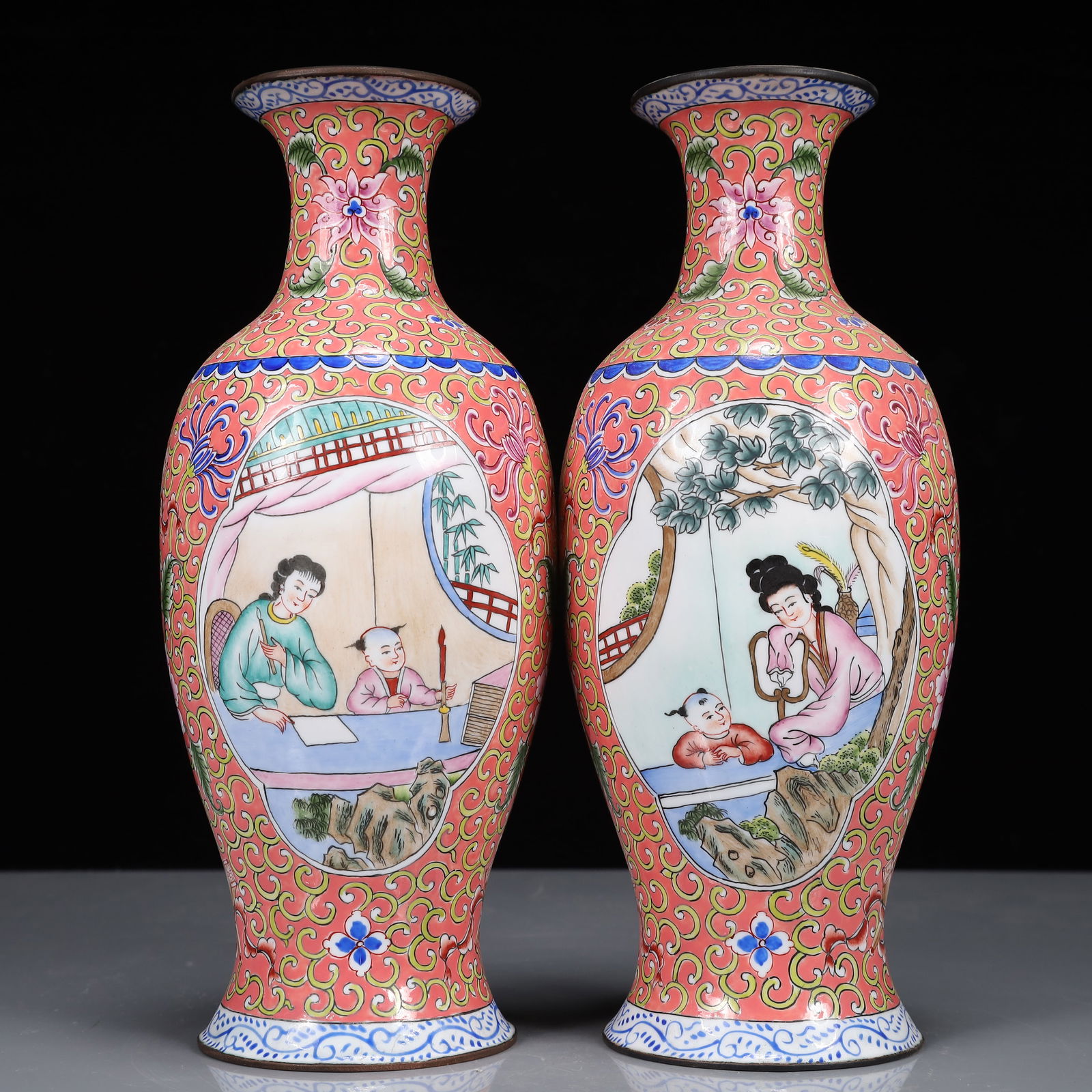 A Pair of Exquisite Painted Enamel Flower and Figure Pattern Vases (1 of 14)