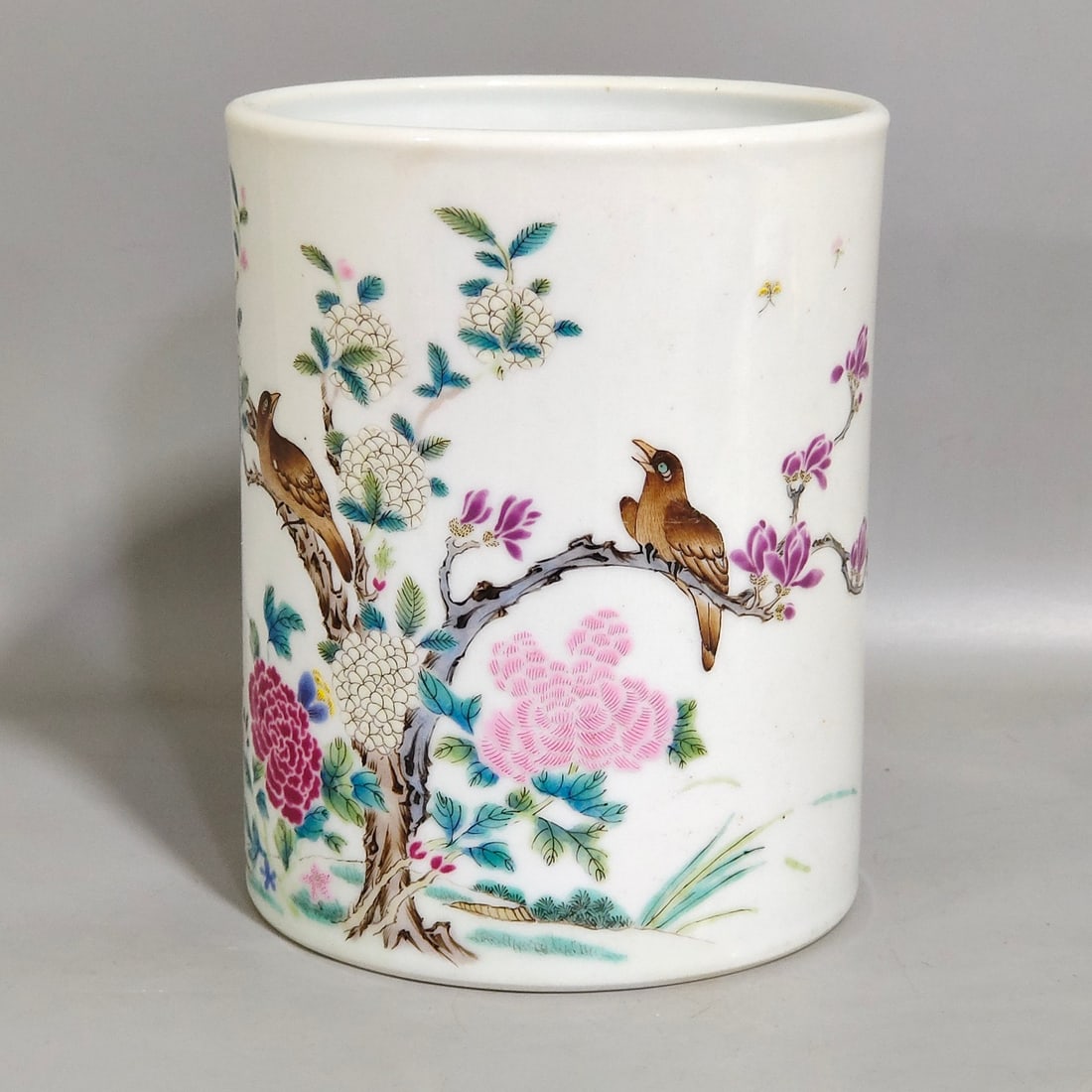 An Exquisite Famille-Rose Flower and Bird Pattern Brush Pot (1 of 8)