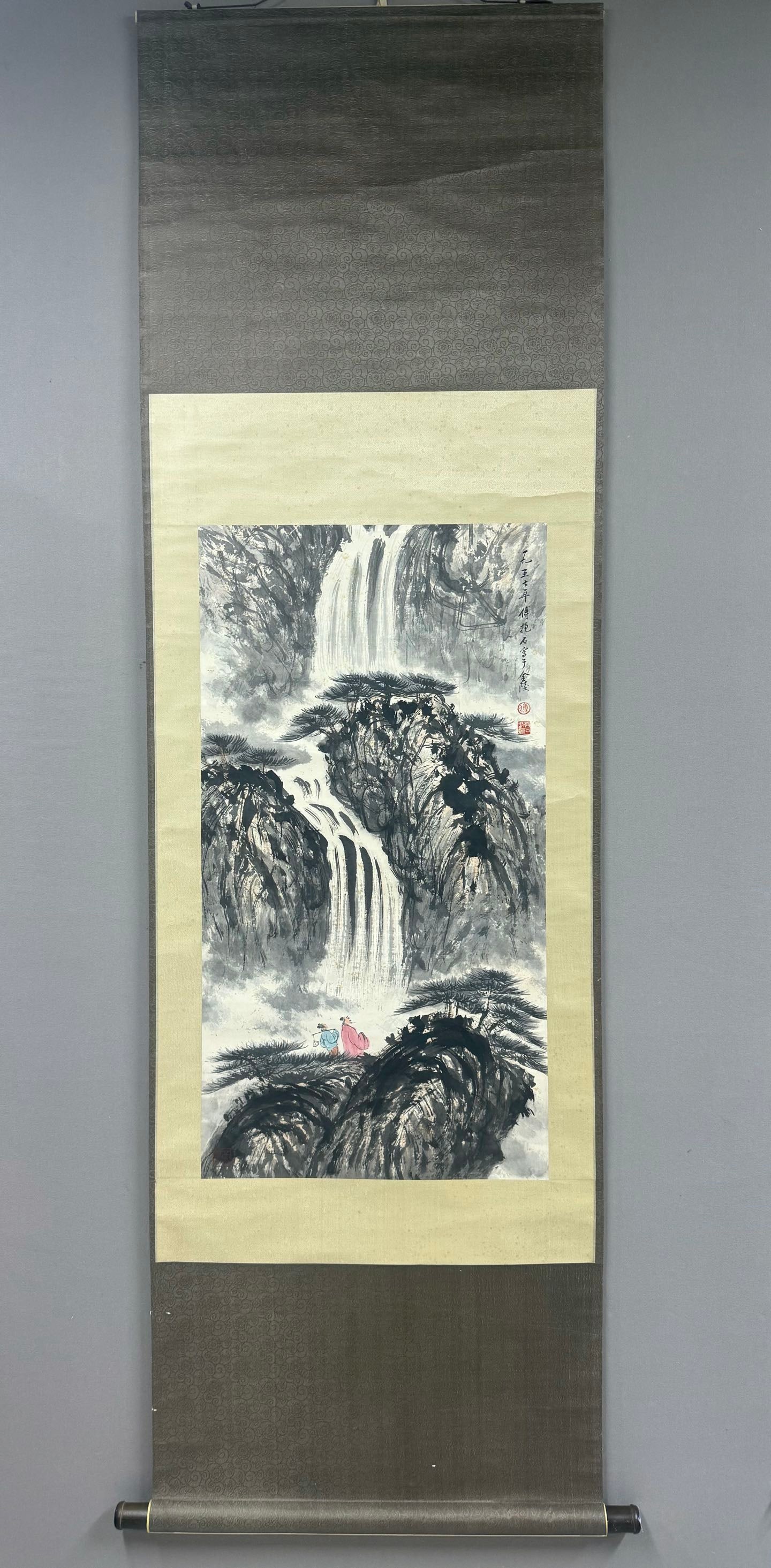 A Chinese Vertical Scroll Ink Painting of Landscape on Paper,Fu Baoshi: A Chinese Vertical Scroll Ink Painting of Landscape on Paper,Fu Baoshi,Size:35inx18.5in 一幅中国水墨山水画立轴,傅抱石