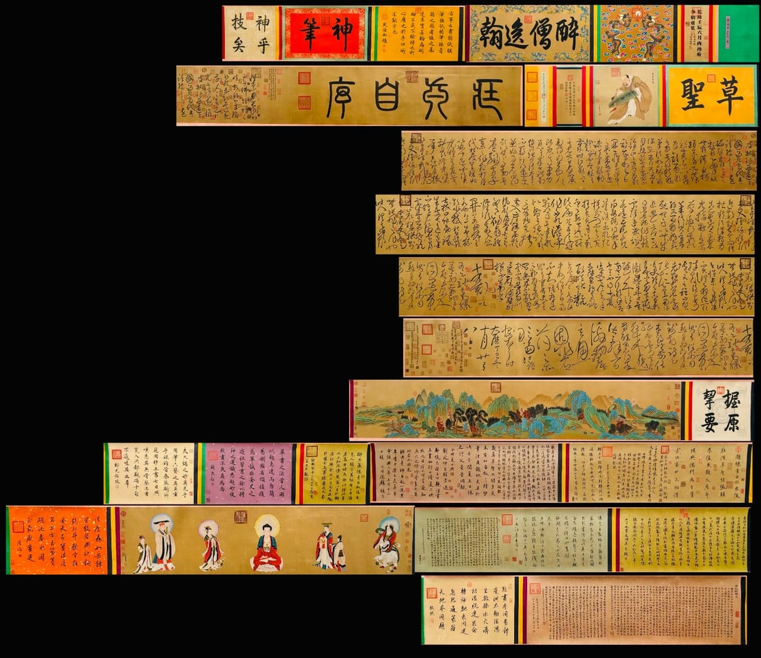 A Chinese Hand Scroll Ink Painting of Landscape and Figure on Silk: A Chinese Hand Scroll Ink Painting of Landscape and Figure on Silk,Huai Su,Size:1322.8in(Without frame):425.2inx17.7in 一幅中国水墨绢本山水&