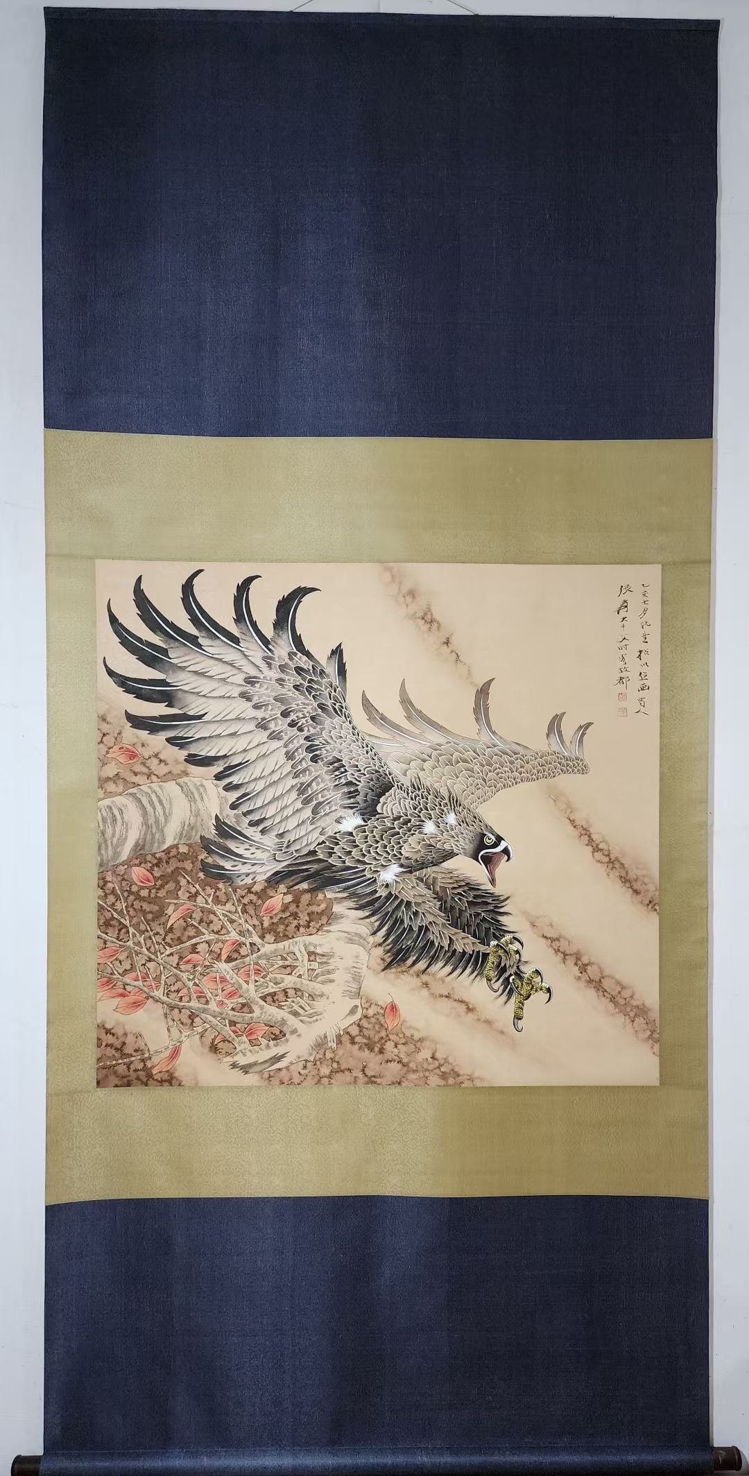 A Chinese Vertical Scroll Ink Painting of Eagle on Paper: A Chinese Vertical Scroll Ink Painting of Eagle on Paper Zhang da qian Without frame Size:33.9inx36.2in张大千雄鹰展翅图 纸本立轴