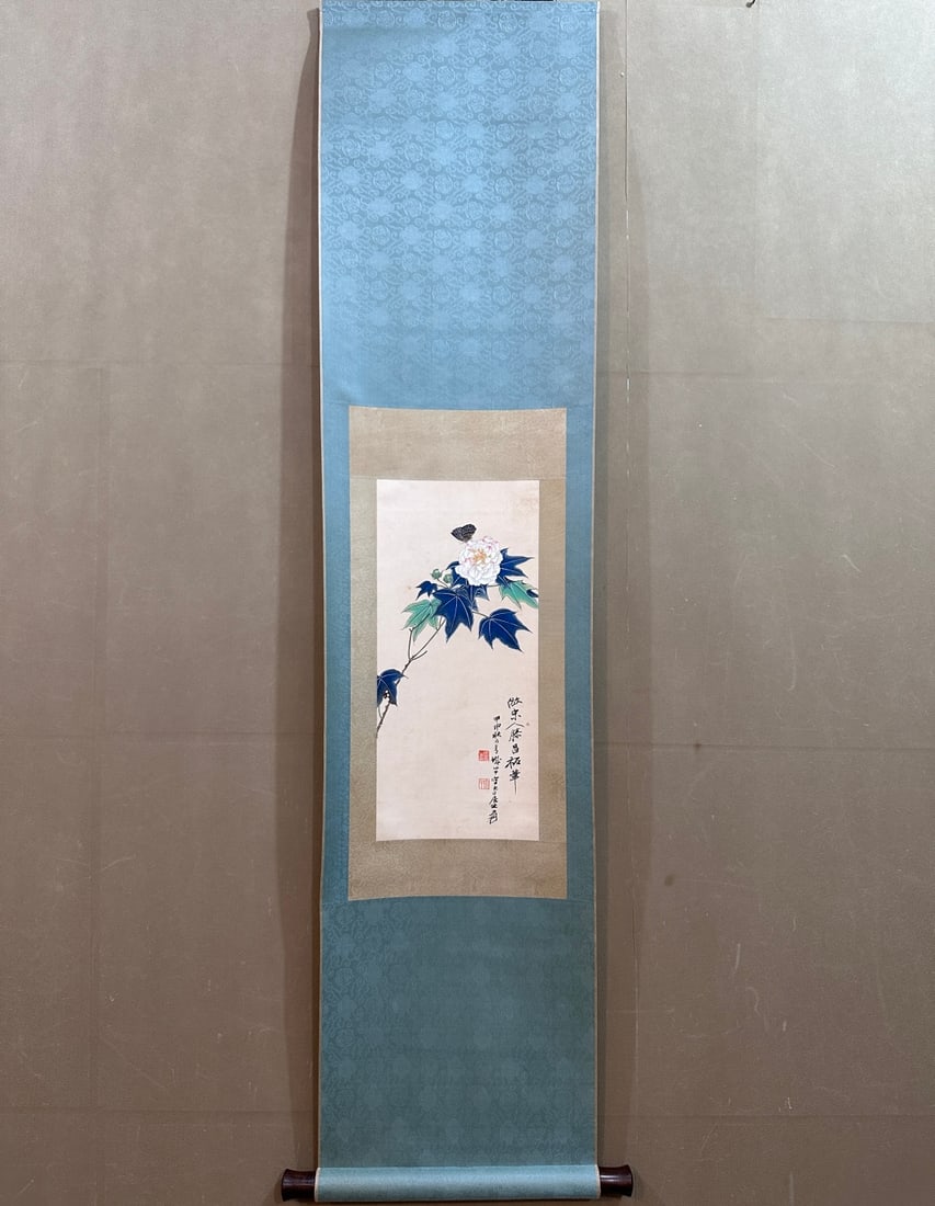 A Chinese Vertical Scroll Ink Painting of Flower and Butterfly on Paper,Zhang Daqian: A Chinese Vertical Scroll Ink Painting of Flower and Butterfly on Paper,Zhang Daqian ,Size:8.7inx19.7in 一幅中国水墨花卉蝴蝶图立
