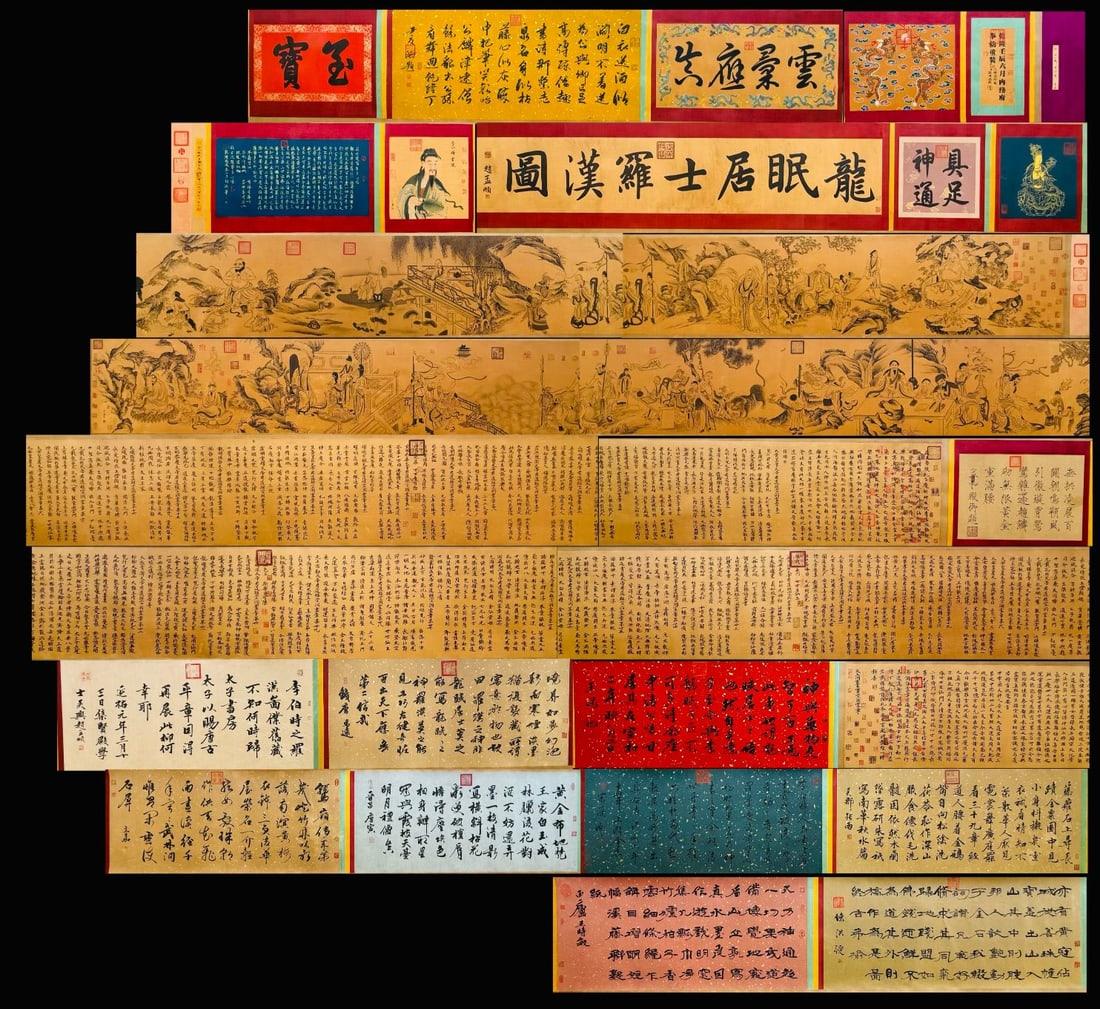 A Chinese Hand Scroll Ink Painting of Figure on Silk: A Chinese Hand Scroll Ink Painting of Figure on Silk,Li Gonglin,Size:1818.9in,(Without frame):452.8inx23.6in 一幅中国水墨绢本人物画