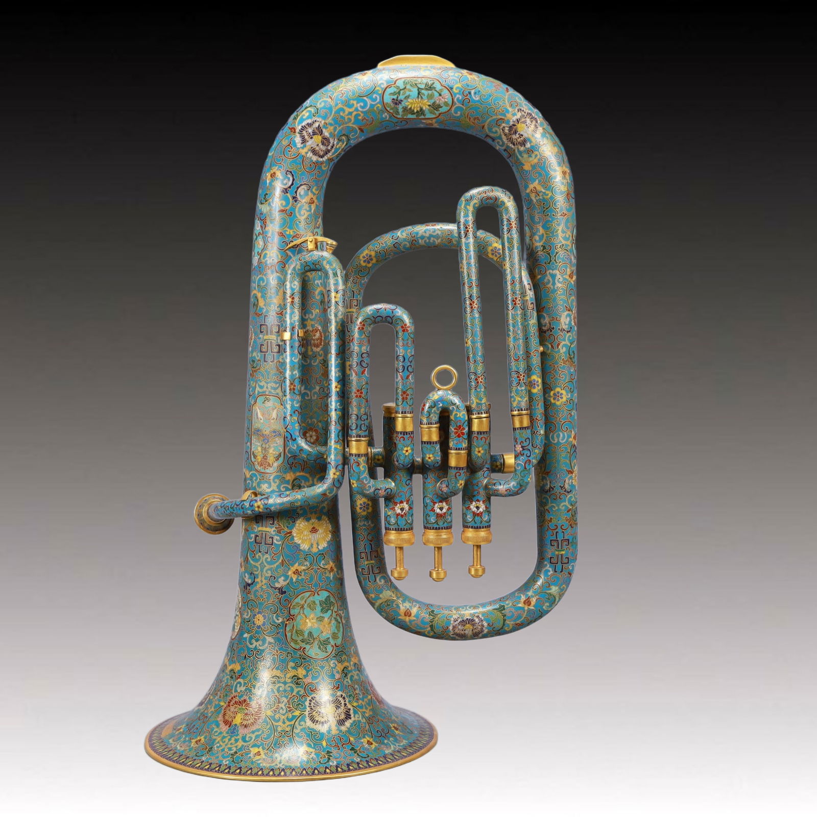 An Exquisite Cloisonne Lotus Pattern Musical Instrument Ornament: An Exquisite Cloisonne Lotus Pattern Musical Instrument Ornament,Qing Dynasty, China, Qianlong Four-character Mark,Size:15.4inx9.8inx23.6inWeight:6000g 景泰蓝缠枝莲