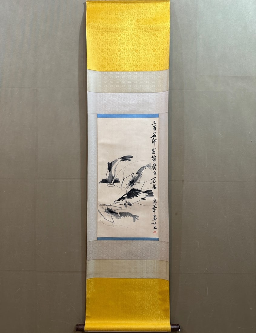 A Chinese Painting of Shrimp on Paper With a Hanging Scroll: A Chinese Painting of Shrimp on Paper With a Hanging Scroll,Modern Time of China,Qi Baishi,without frame size: 13.4inx26.4in 一幅中国水墨纸本虾