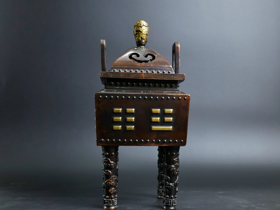 A Rare Red Copper Relief Carved and Gilt Square-Ears Incense Censer: A Rare Red Copper Relief Carved and Gilt Square-Ears Incense Censer,Ming Dynasty, China,Xuande Six-character Mark,Size:12inx5in,Weight:6925g 紫铜浮雕鎏金方