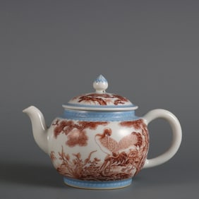 An Exquisite Ink Color Pine and Crane Pattern with poem Teapot