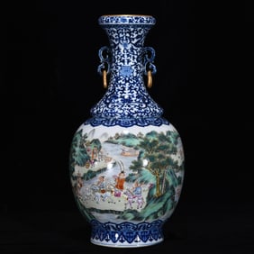 An Exquisite Famille-Rose Blue and White Lotus Pattern Character and Story Pattern Double-Ears Vase