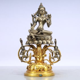 A Exquisite Gilt Silver Inlaid Gems Statue of Tara