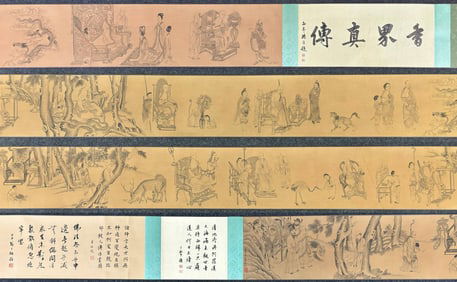 A Chinese Hand Scroll Ink Painting of Character and Story on Silk