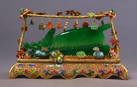 An Exquisite Gilt Bronze Inlaid Jadeite Flower and Bird Pattern Ornament