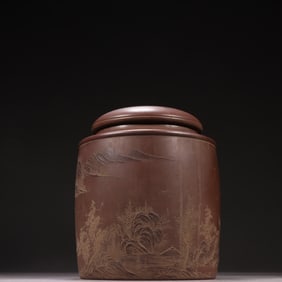 An Exquisite Purple Sands Landscape and Figure Pattern Tea Caddy