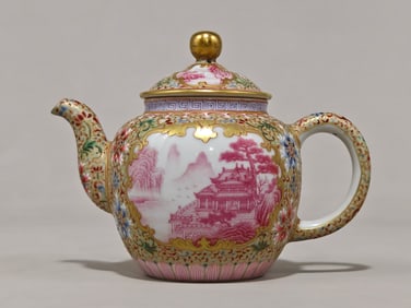 An Exquisite Enamel Painted Gold Lotus Pattern Landscape Pattern Teapot