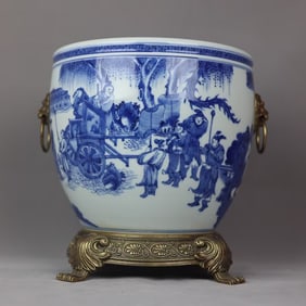 An Exquisite Blue and White Inlaid Bronze Character and Story Pattern Double-Ears Vat