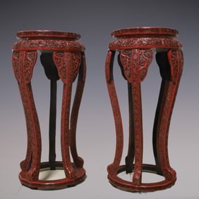 A Pair of Exquisite Carved Red Lacquer Landscape and Figure Pattern Stool